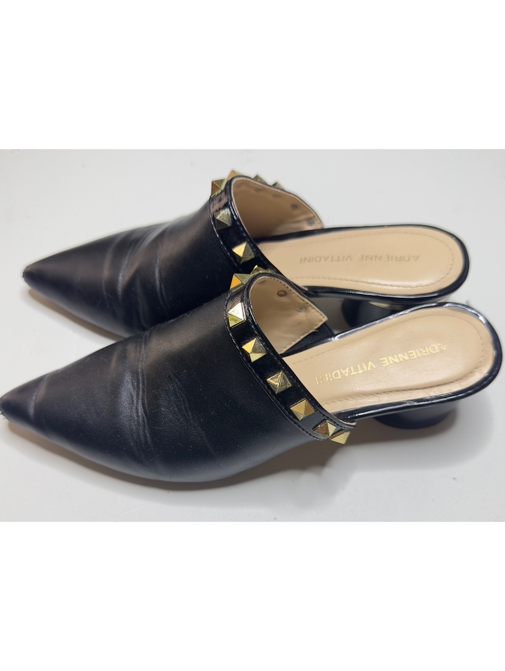 Adrienne Vittadini Black Pointed Toe Studded Mules Gold Hardware Block Heel